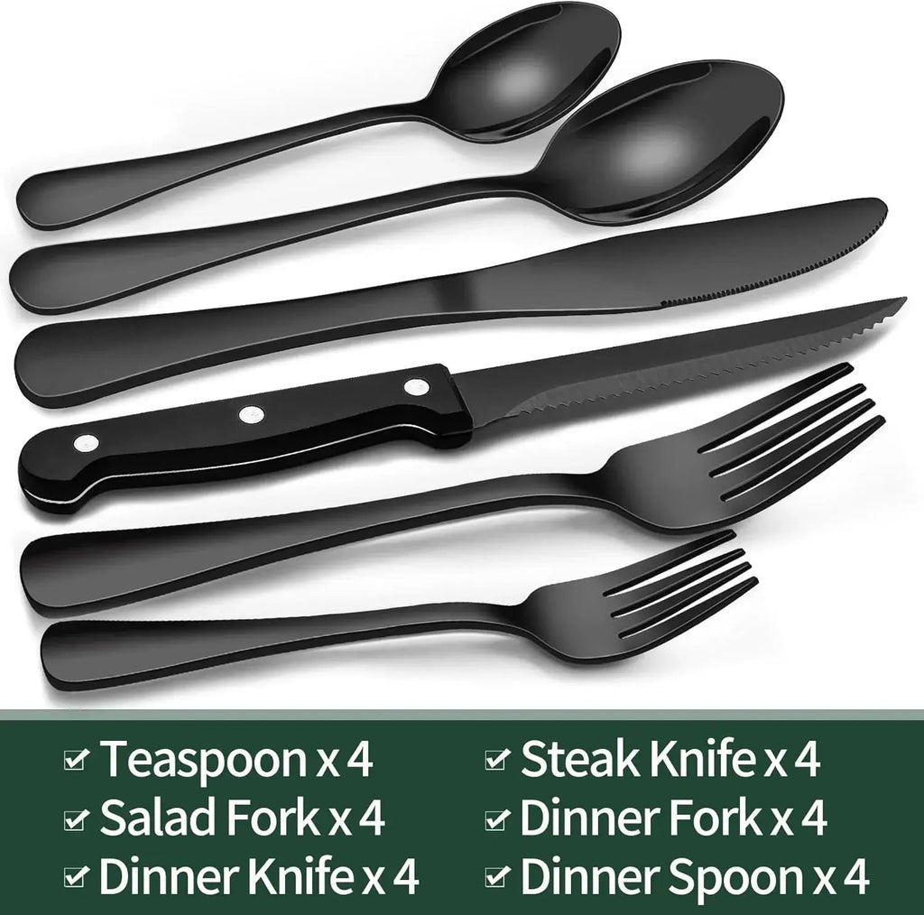 Cutlery Set | 24-Piece Matte Black Design | Includes Steak Knives | CutleryCraft