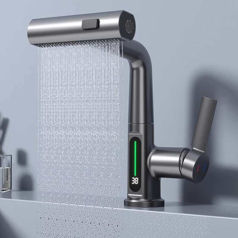 Pull-out Faucet 360° Rotation | LED Temp Display | 5 Spray Settings | Flowsense