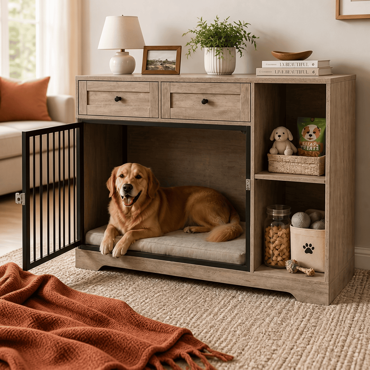 Dog Crate Furniture | Convertible Sideboard | Wood & Metal Frame, Storage Drawers | 120×60×87 cm