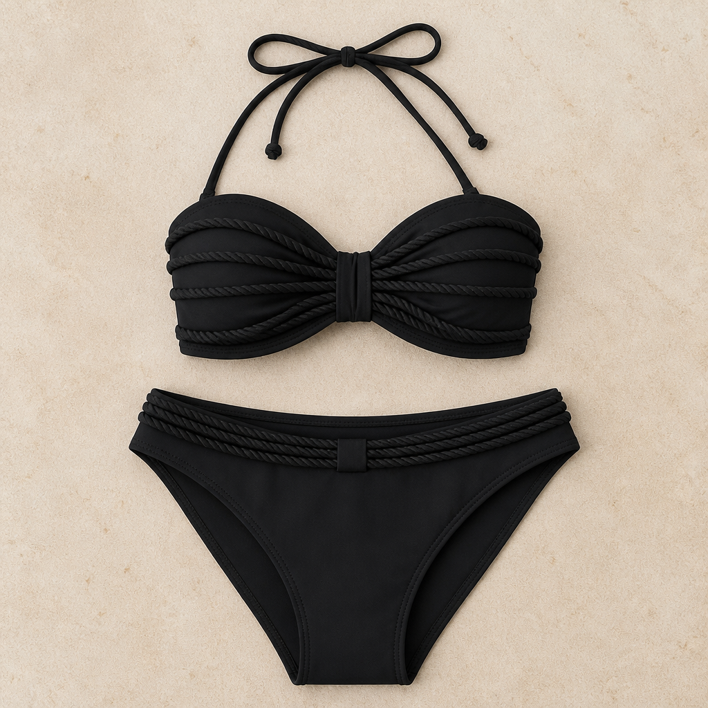AuraTide™ – Rope-Textured Halter Bikini Set with Adjustable Tie-Back