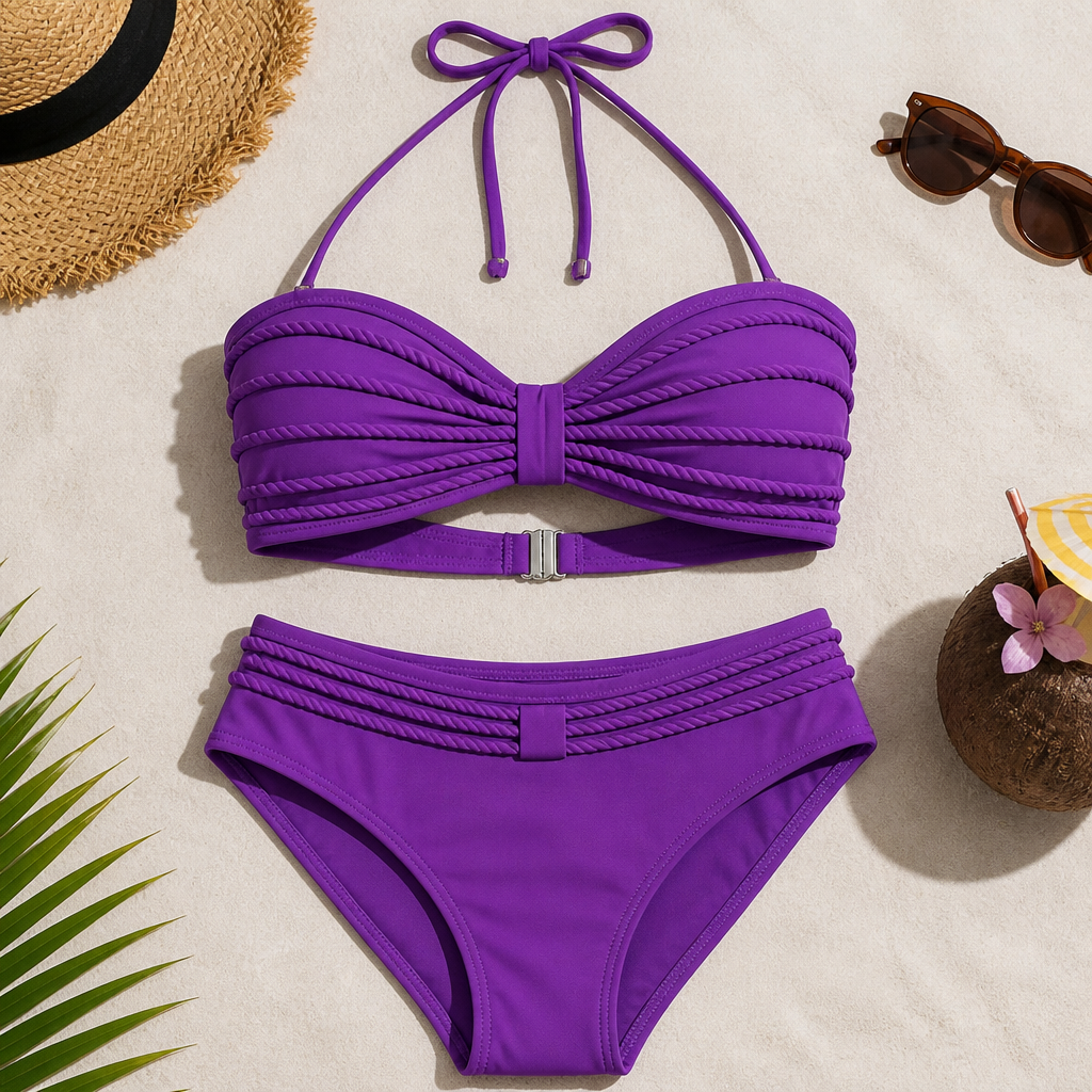 AuraTide™ – Rope-Textured Halter Bikini Set with Adjustable Tie-Back