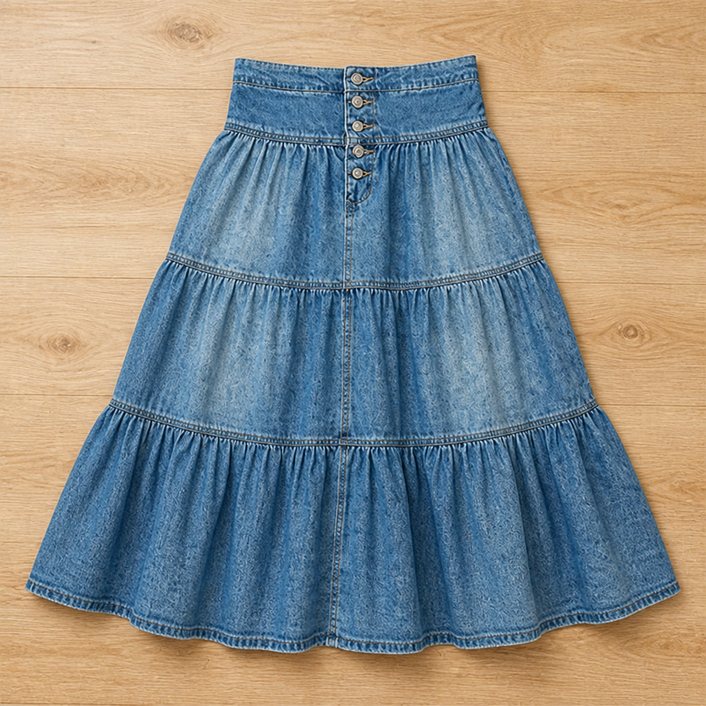 VeranoMist™ – Bohemian Tiered Denim Maxi Skirt with Vintage Button Front