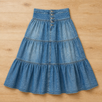VeranoMist™ – Bohemian Tiered Denim Maxi Skirt with Vintage Button Front