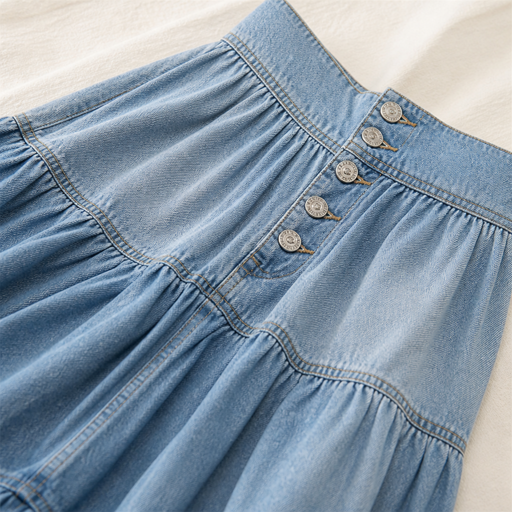 VeranoMist™ – Bohemian Tiered Denim Maxi Skirt with Vintage Button Front