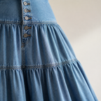 VeranoMist™ – Bohemian Tiered Denim Maxi Skirt with Vintage Button Front