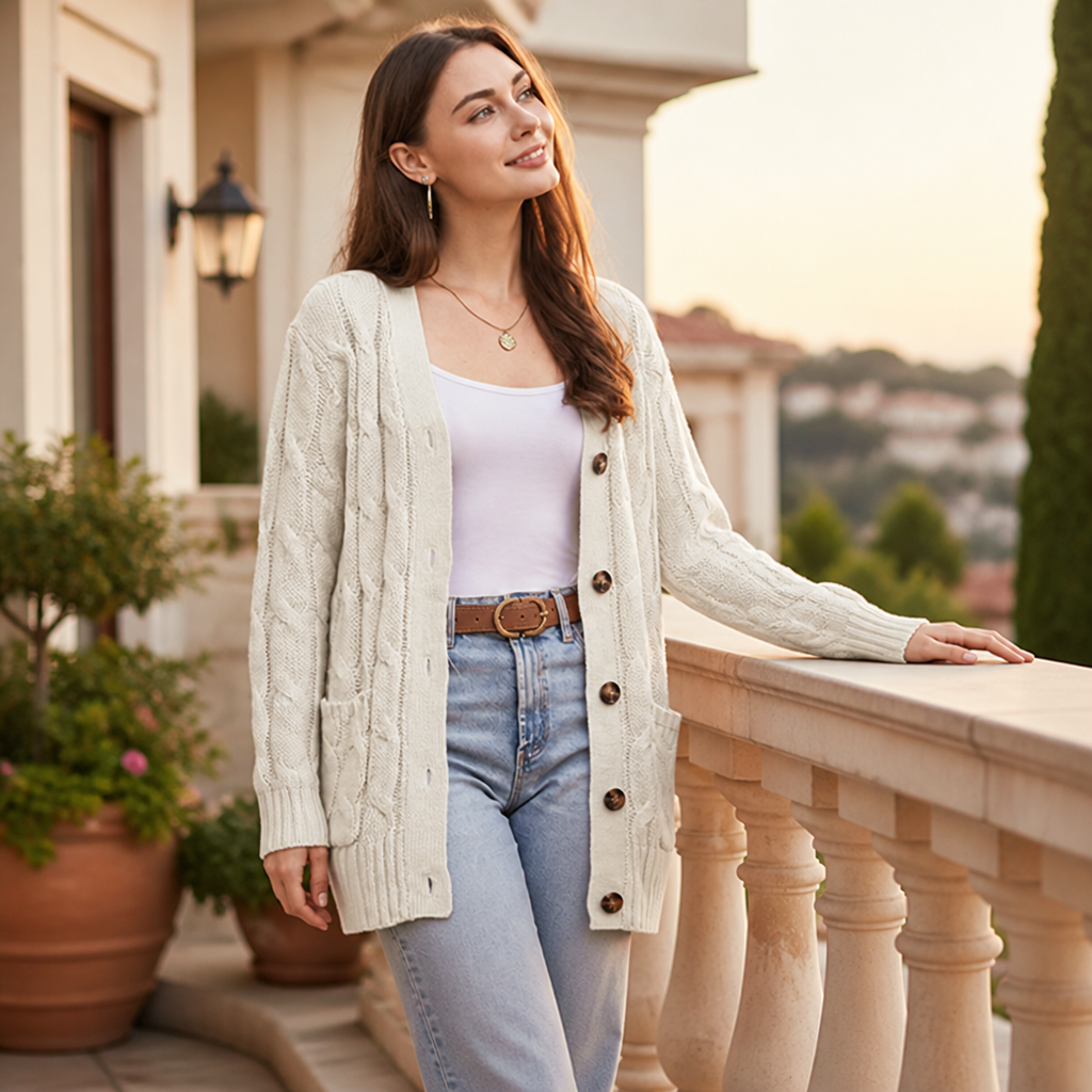 BorellaKnit™ – Chunky Cable Knit Button-Front Cardigan with Front Pockets