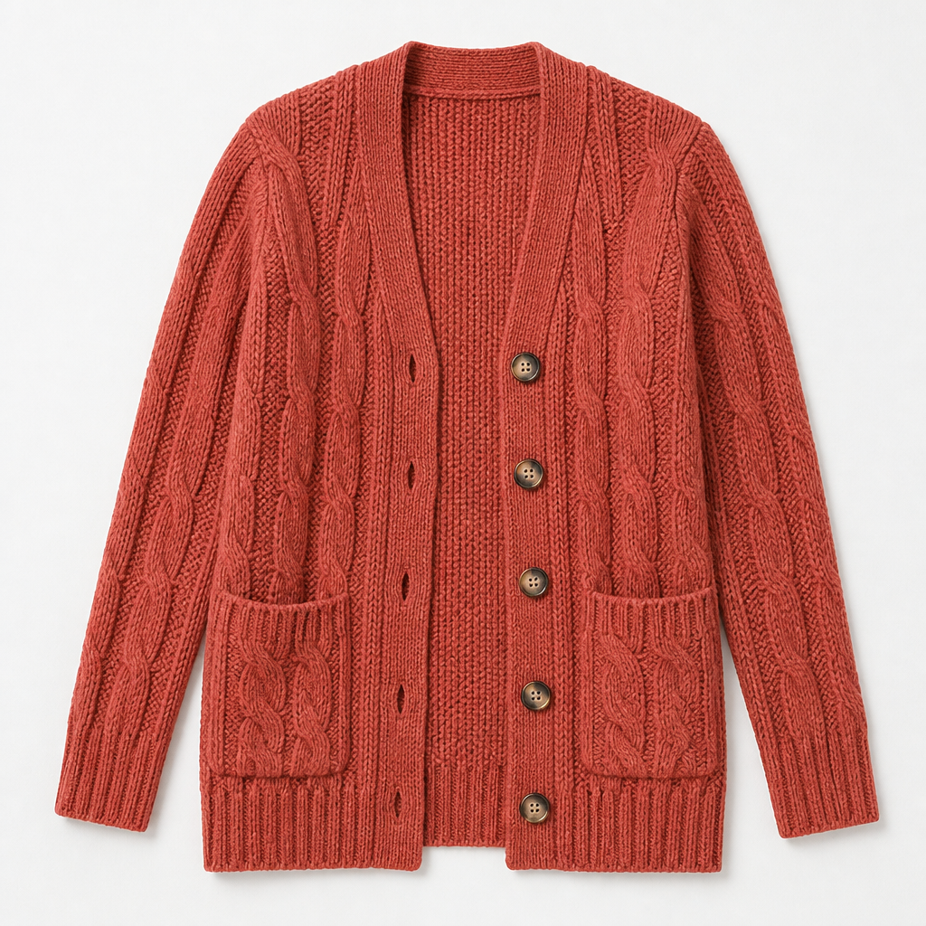 BorellaKnit™ – Chunky Cable Knit Button-Front Cardigan with Front Pockets