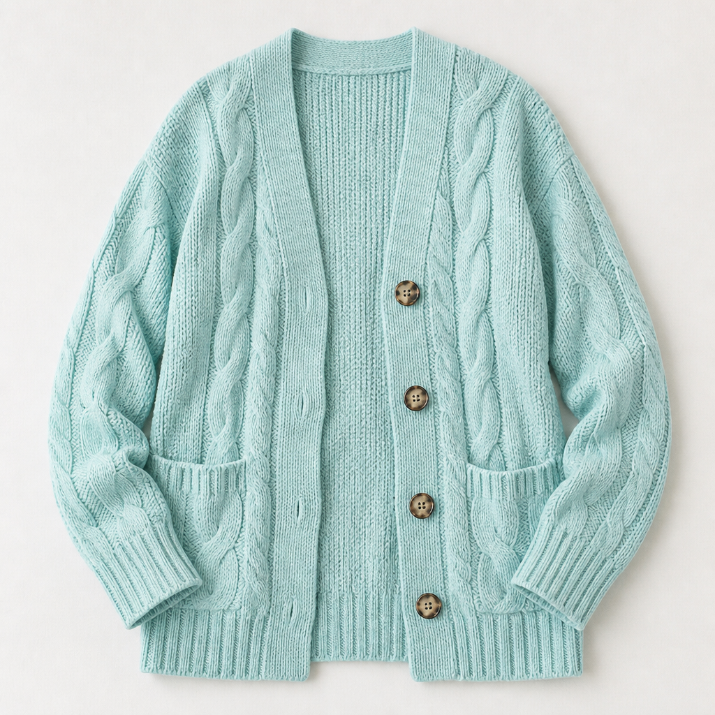 BorellaKnit™ – Chunky Cable Knit Button-Front Cardigan with Front Pockets