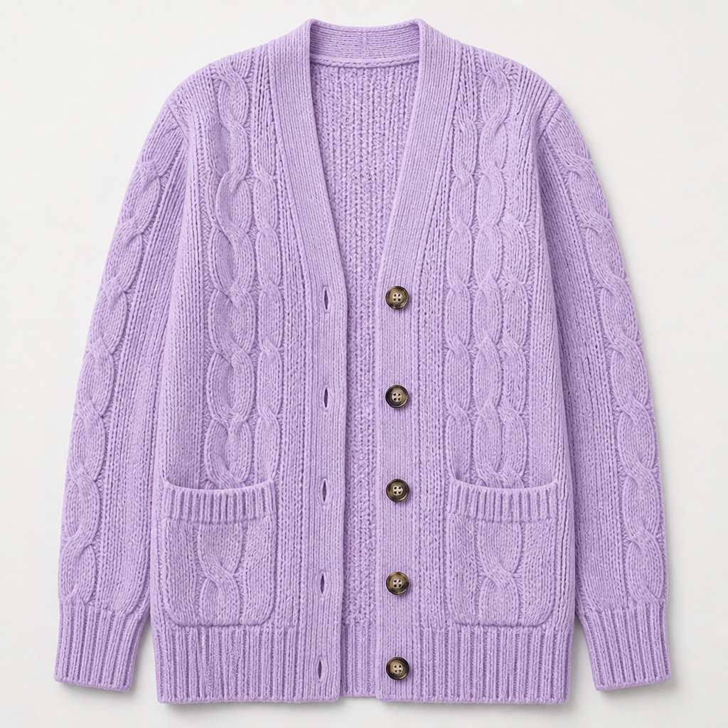BorellaKnit™ – Chunky Cable Knit Button-Front Cardigan with Front Pockets