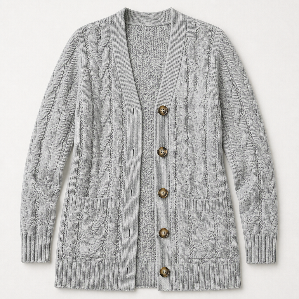 BorellaKnit™ – Chunky Cable Knit Button-Front Cardigan with Front Pockets