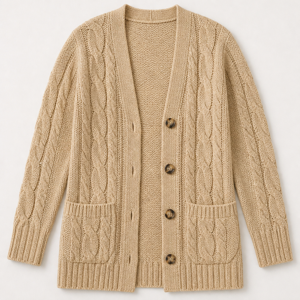 BorellaKnit™ – Chunky Cable Knit Button-Front Cardigan with Front Pockets
