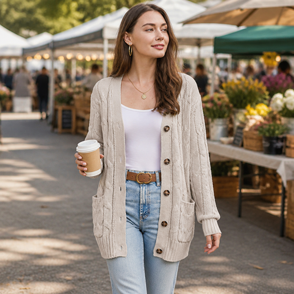BorellaKnit™ – Chunky Cable Knit Button-Front Cardigan with Front Pockets