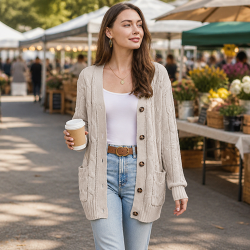 BorellaKnit™ – Chunky Cable Knit Button-Front Cardigan with Front Pockets