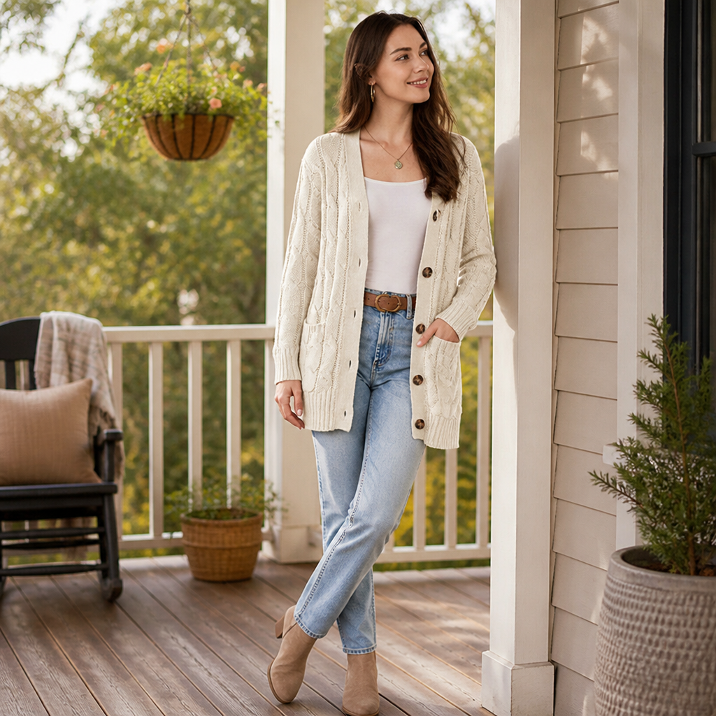 BorellaKnit™ – Chunky Cable Knit Button-Front Cardigan with Front Pockets
