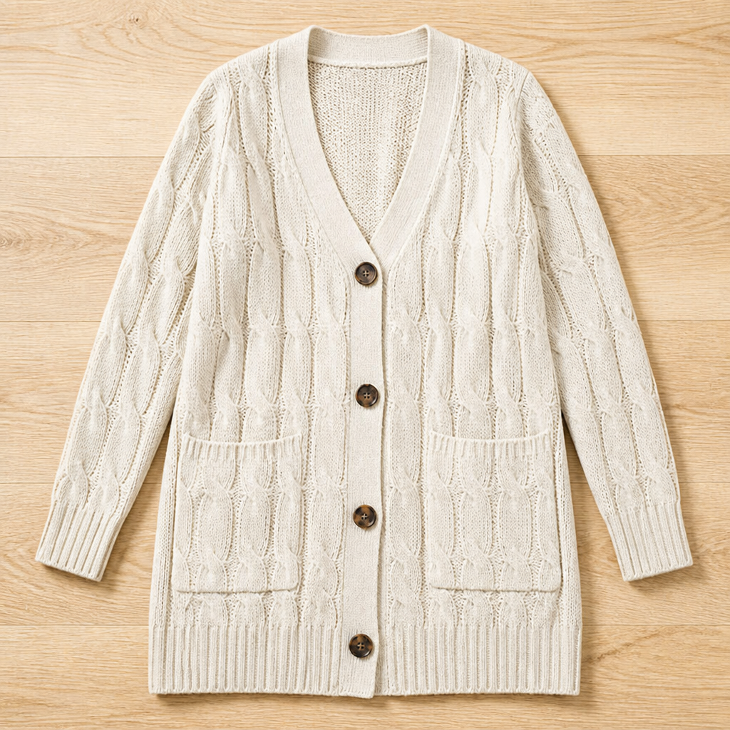 BorellaKnit™ – Chunky Cable Knit Button-Front Cardigan with Front Pockets