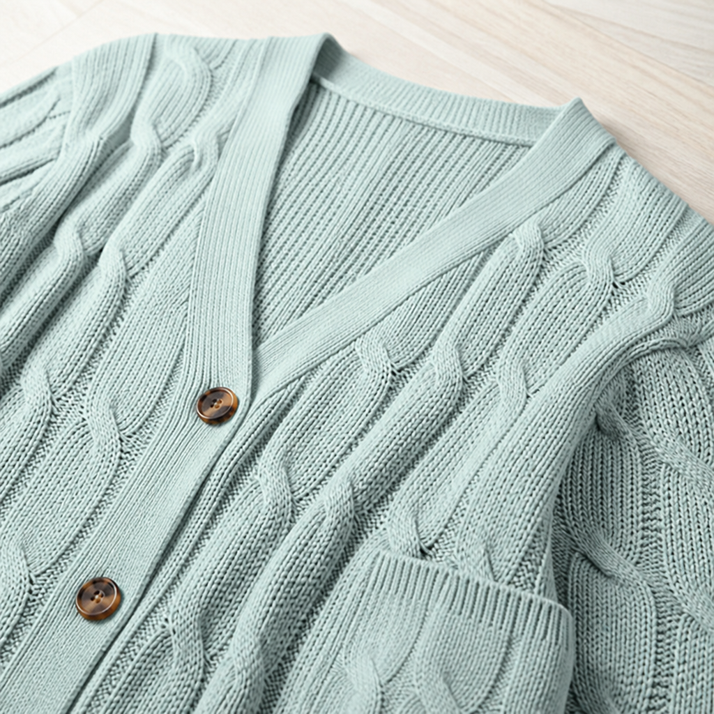 BorellaKnit™ – Chunky Cable Knit Button-Front Cardigan with Front Pockets
