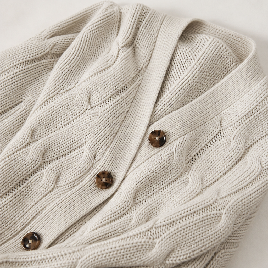 BorellaKnit™ – Chunky Cable Knit Button-Front Cardigan with Front Pockets