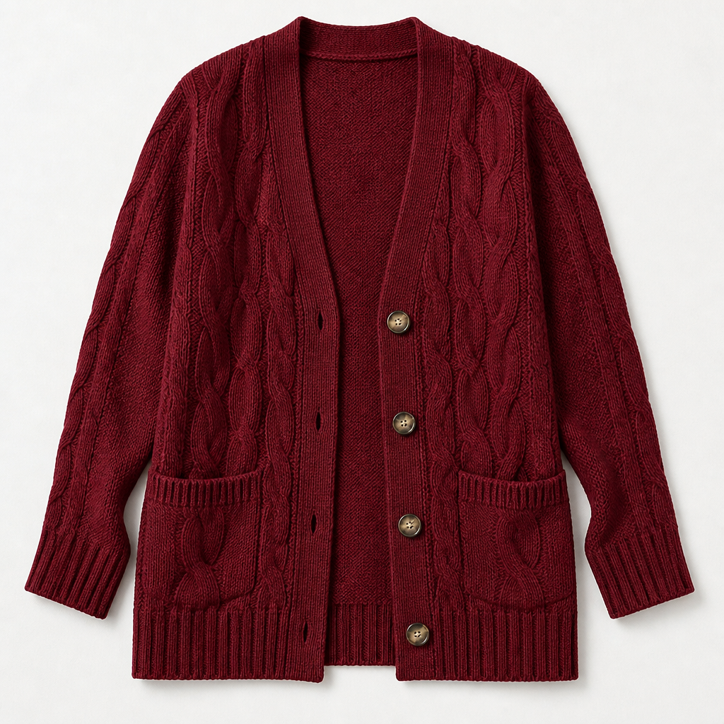 BorellaKnit™ – Chunky Cable Knit Button-Front Cardigan with Front Pockets