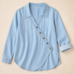 SerenaSway™ – Relaxed Asymmetric Button Denim Blouse with Lapel Collar