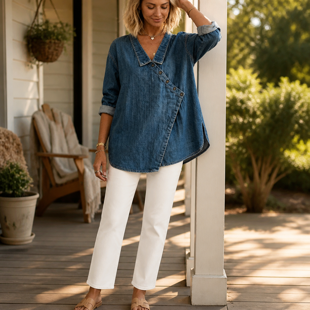 SerenaSway™ – Relaxed Asymmetric Button Denim Blouse with Lapel Collar