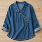SerenaSway™ – Relaxed Asymmetric Button Denim Blouse with Lapel Collar