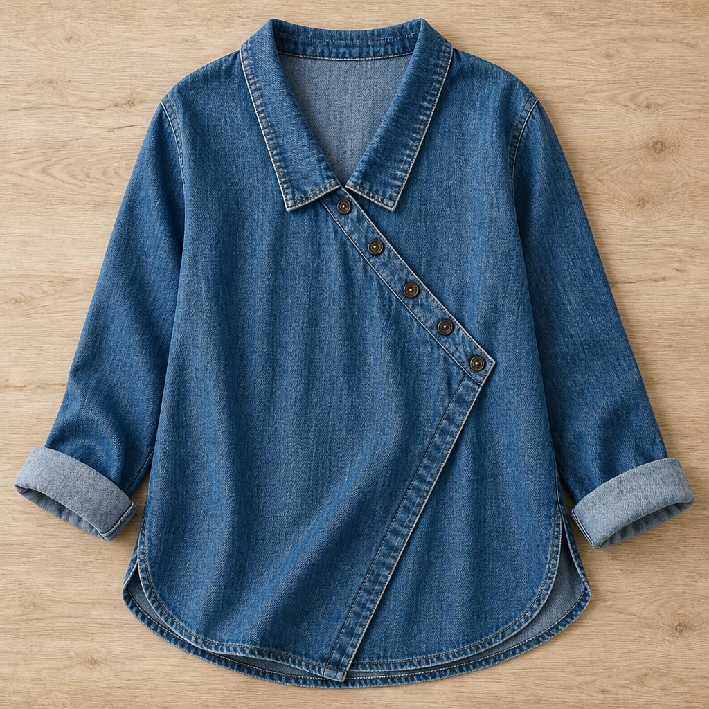 SerenaSway™ – Relaxed Asymmetric Button Denim Blouse with Lapel Collar