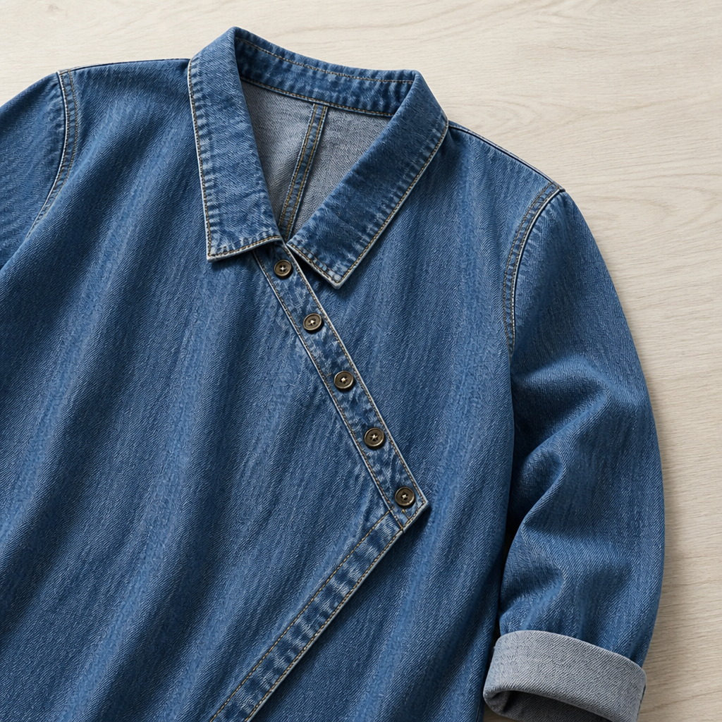 SerenaSway™ – Relaxed Asymmetric Button Denim Blouse with Lapel Collar