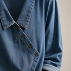 SerenaSway™ – Relaxed Asymmetric Button Denim Blouse with Lapel Collar