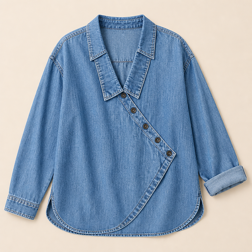 SerenaSway™ – Relaxed Asymmetric Button Denim Blouse with Lapel Collar