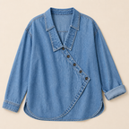 SerenaSway™ – Relaxed Asymmetric Button Denim Blouse with Lapel Collar