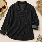 SerenaSway™ – Relaxed Asymmetric Button Denim Blouse with Lapel Collar
