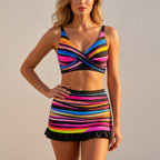 SerenaWave™ – Twist-Front Striped Swim Skirt Set with Tummy Control