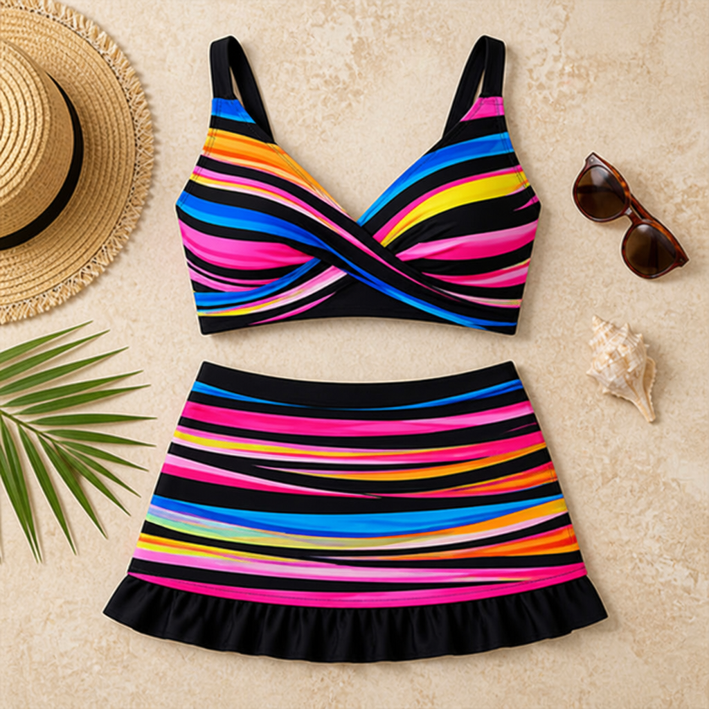 SerenaWave™ – Twist-Front Striped Swim Skirt Set with Tummy Control