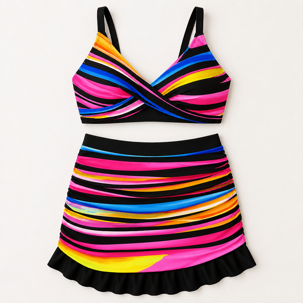 SerenaWave™ – Twist-Front Striped Swim Skirt Set with Tummy Control