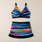SerenaWave™ – Twist-Front Striped Swim Skirt Set with Tummy Control