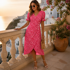 SeraphineAura™ – Ditsy Floral Wrap Midi Dress with Ruched Tulip Hem